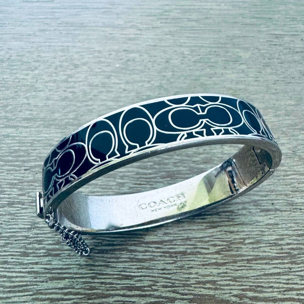 Coach Silver Black Enamel C Logo Cuff Bangle Bracelet - Picture 3 of 5
